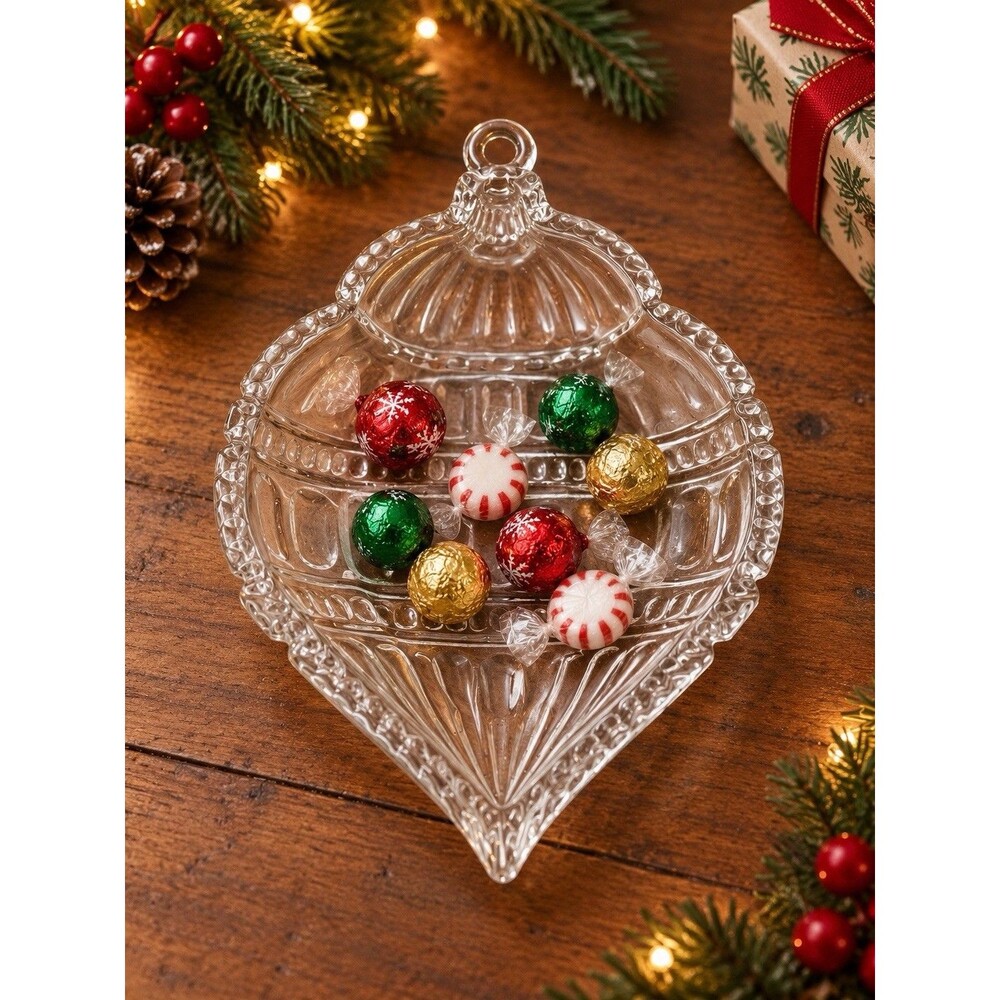 Vintage Clear Pressed Glass Christmas Ornament Shape Candy Dish Trinket Box 7.5”